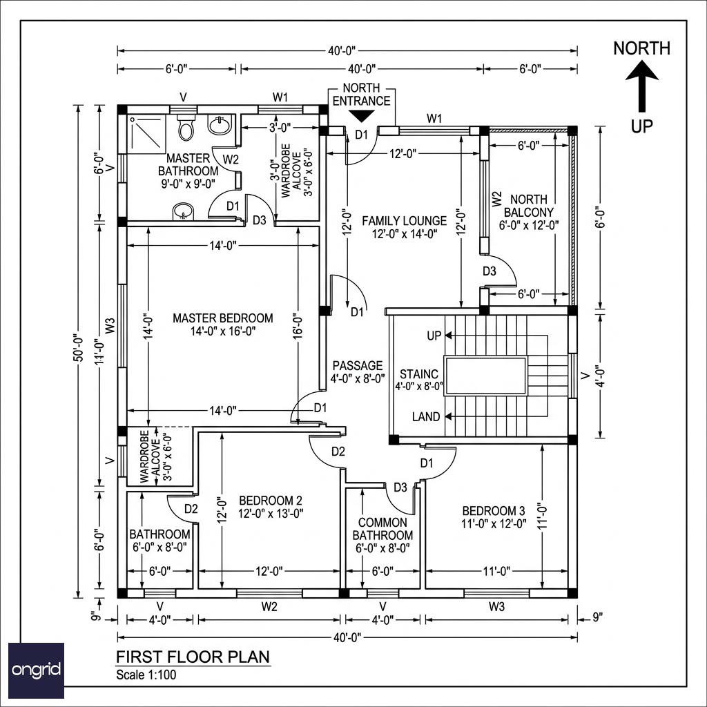 40x50 north-facing first floor plan with 14x16 ft master bedroom southwest, family lounge north-facing, Bedroom 2, Bedroom 3 and north balcony