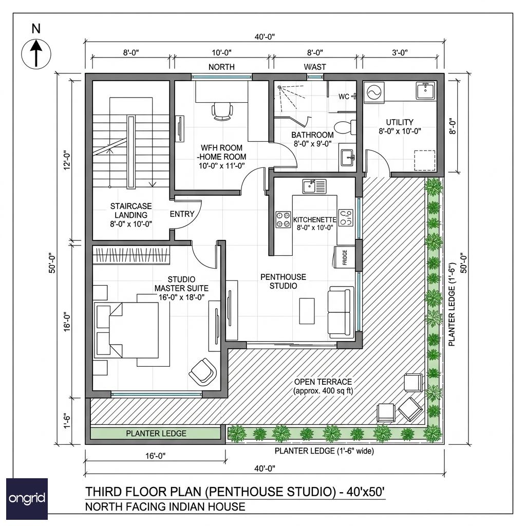 40x50 north-facing third floor plan showing large studio suite, kitchenette, WFH room, open terrace with rooftop garden, and utility area