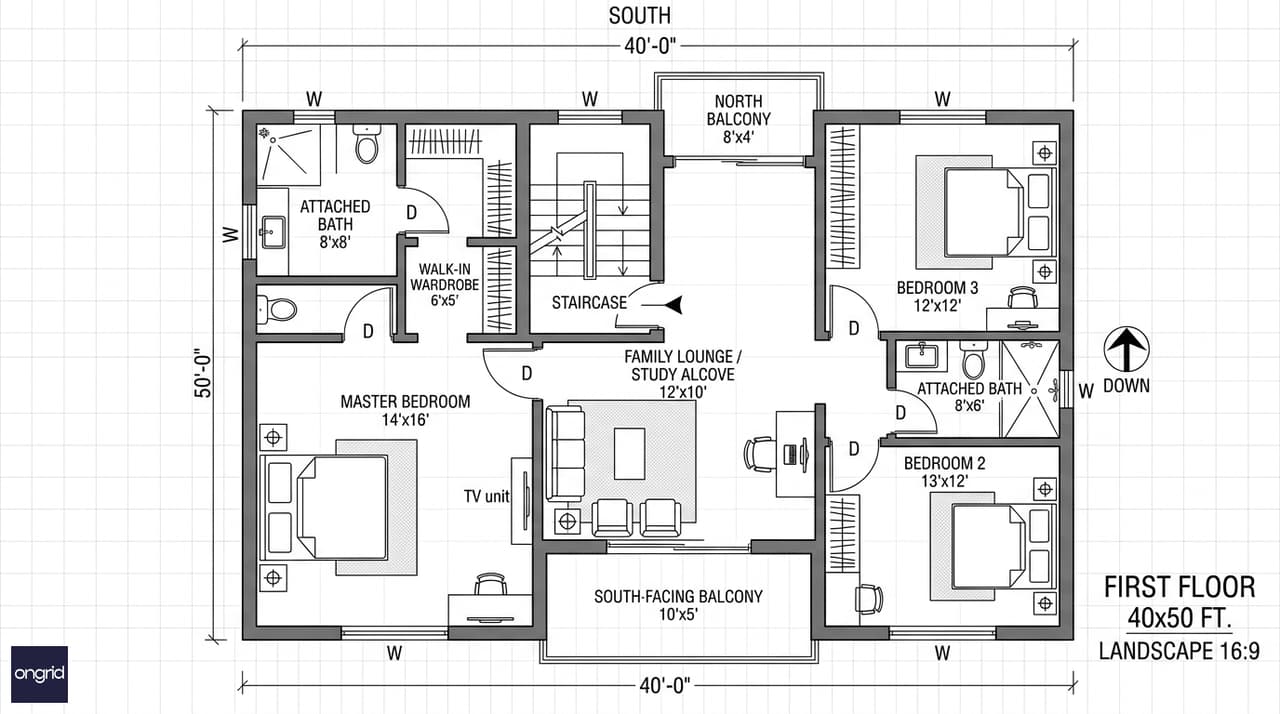 First floor plan showing 14x16 ft master bedroom, two secondary bedrooms, family lounge, and south-facing balcony