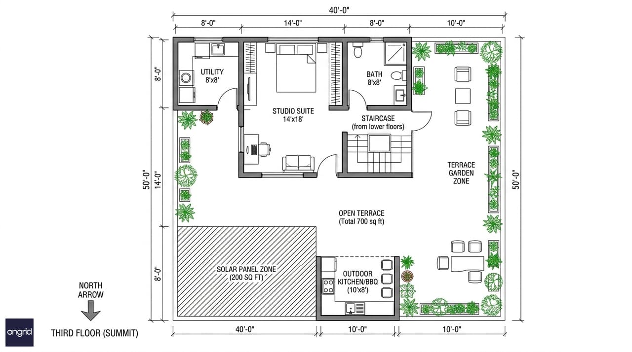 Third floor summit plan showing 14x18 ft studio suite, expansive south terrace with solar zone, outdoor kitchen, and utility room