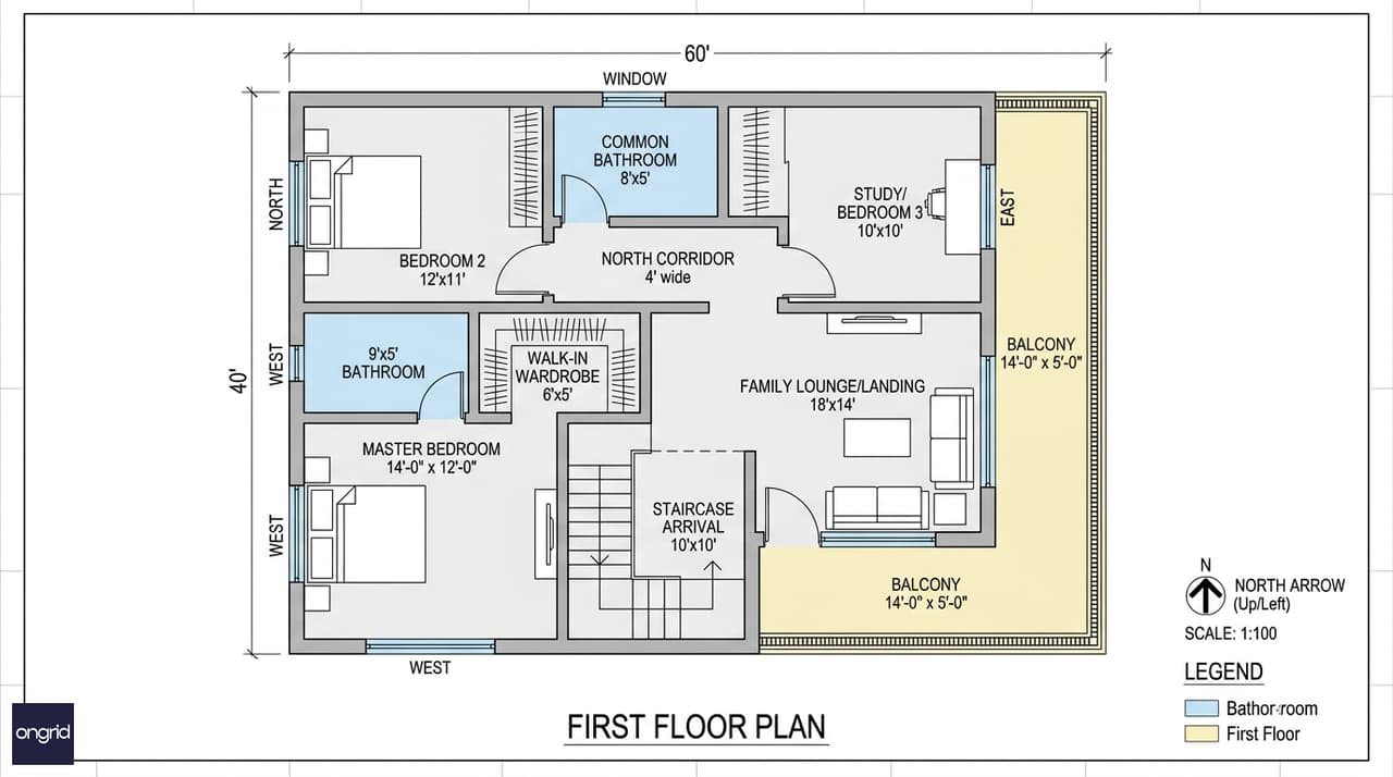 Detailed first floor plan for a 40x60 east facing G+1 home showing 14x12 SW master bedroom with attached 9x5 bathroom, 12x11 NW bedroom, 10x10 NE study-bedroom, shared family lounge connecting staircase to 14x5 east balcony, and common 8x5 bathroom