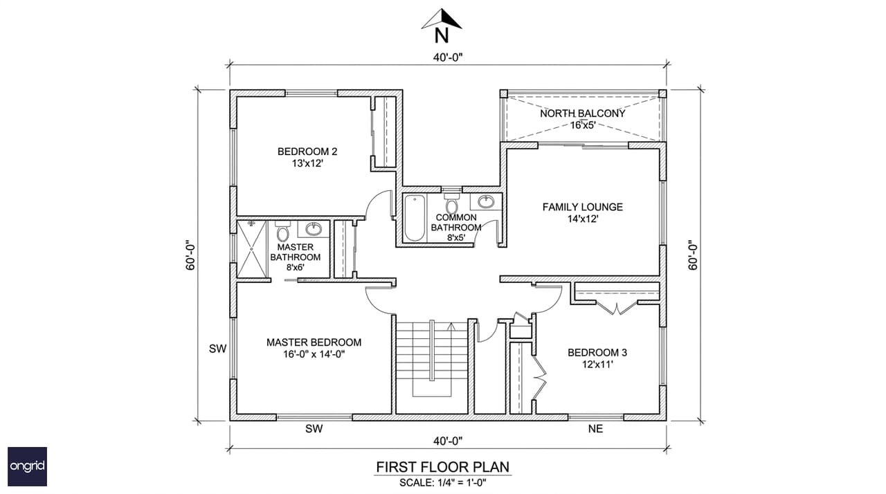 First floor plan of 40x60 north facing G+1 — master bedroom SW, family lounge north, balcony north face
