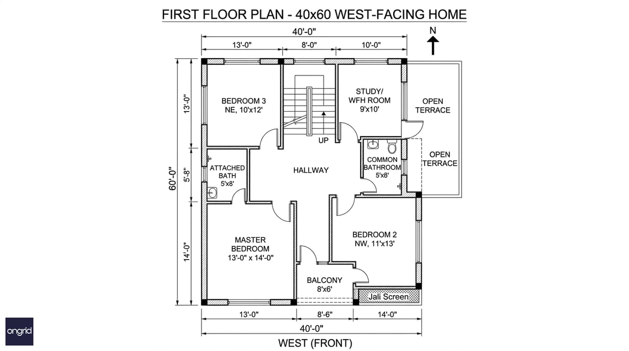 First floor plan of a 40x60 west-facing G+1 home showing master bedroom, two bedrooms, study room, and balcony