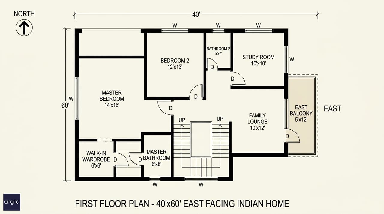 First floor plan showing master bedroom in south-west, family lounge with east-facing balcony, second bedroom, and study room