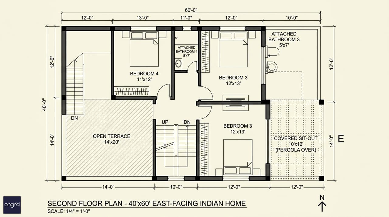 Second floor plan showing two bedrooms with attached baths, covered east-facing sit-out, and 280 sq ft open terrace