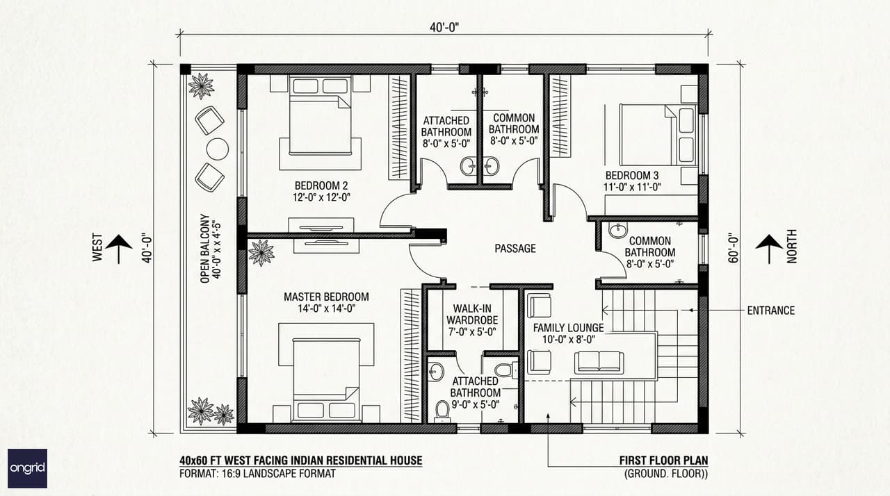 40x60 west-facing first floor plan with 14×14 ft master bedroom, two secondary bedrooms, family lounge, and a 14×4.5 ft west balcony