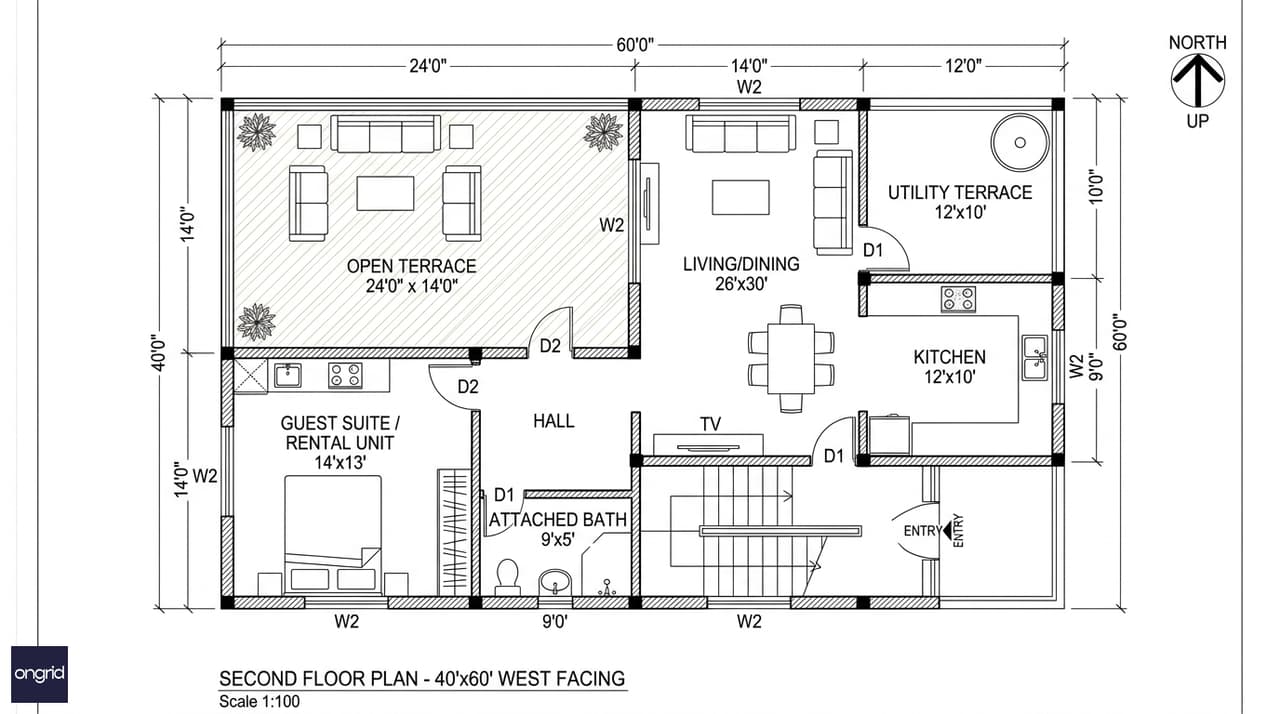 40x60 west-facing second floor plan showing guest or rental suite, 24×14 ft open west terrace, and 12×10 ft utility terrace at rear