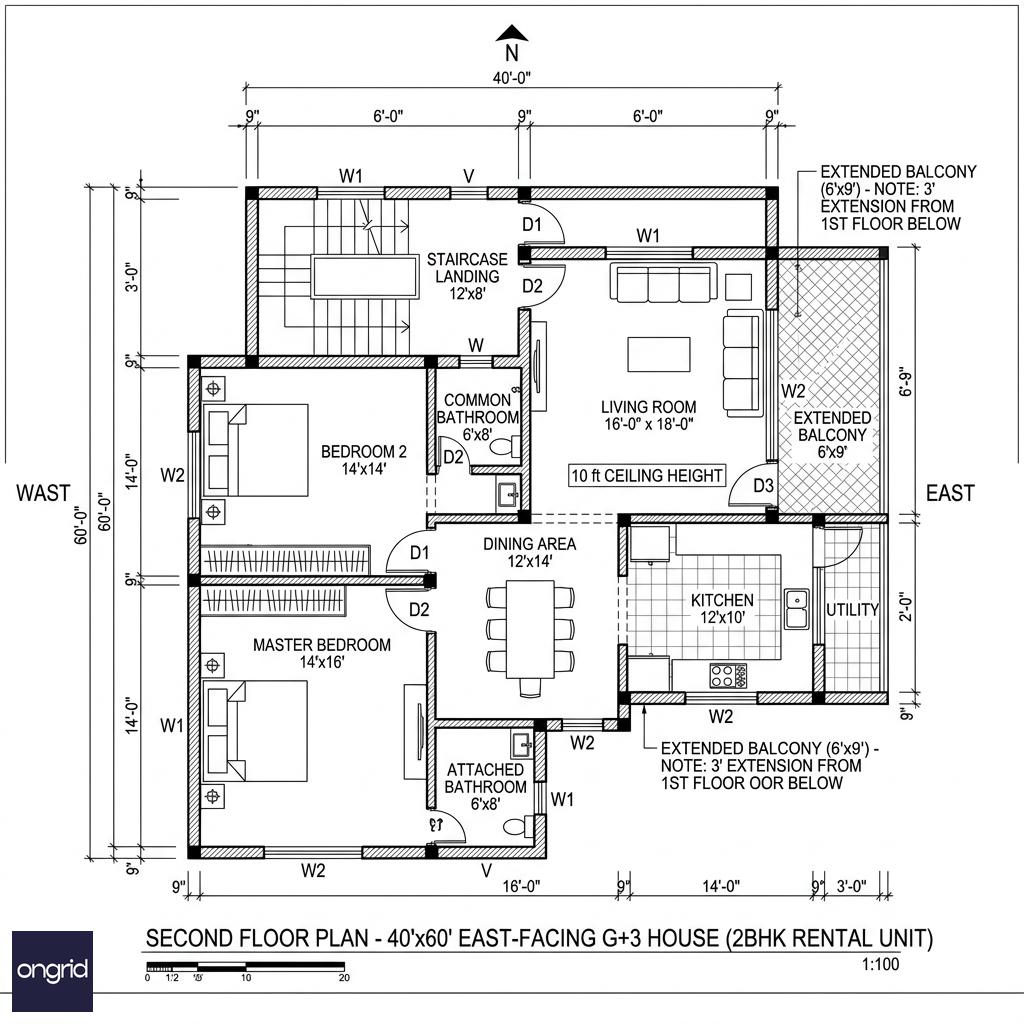 Second floor plan of 40x60 east facing G+3 house showing 2BHK layout with extended 6x9 ft east balcony and higher ceiling height