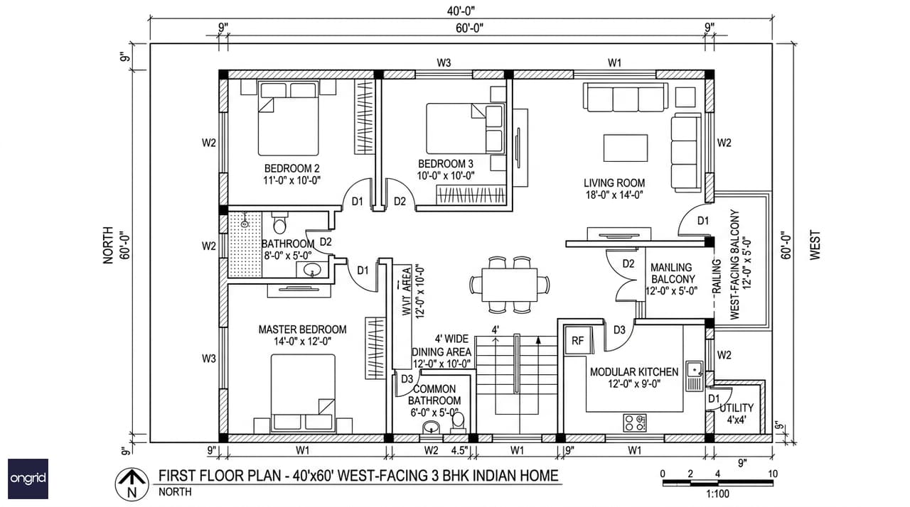 First floor plan for a 40x60 west-facing G+3 home showing a 3 BHK layout with west balcony and vastu-aligned rooms