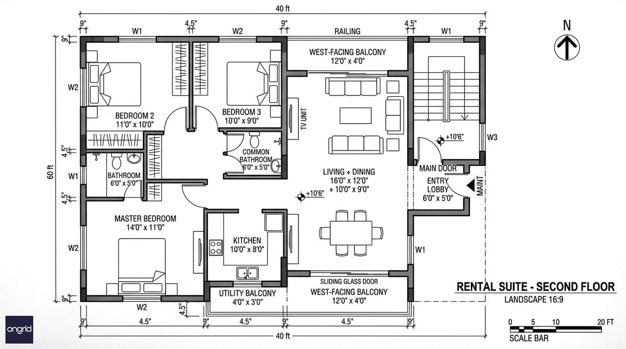 Second floor plan for a 40x60 west-facing G+3 home showing an independent 3 BHK rental unit with private lobby