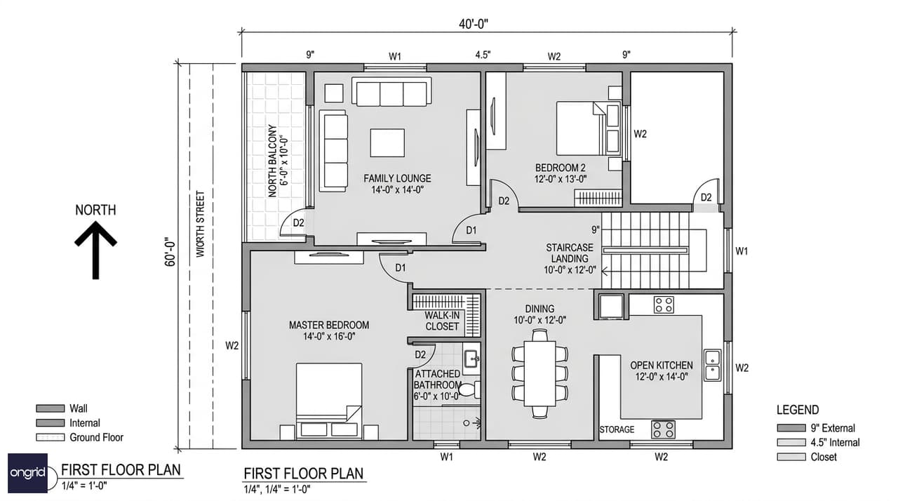 First floor plan showing 14×16 master bedroom, open kitchen-dining, 14×14 family lounge, 12×13 second bedroom, and a 6×10 north-facing balcony