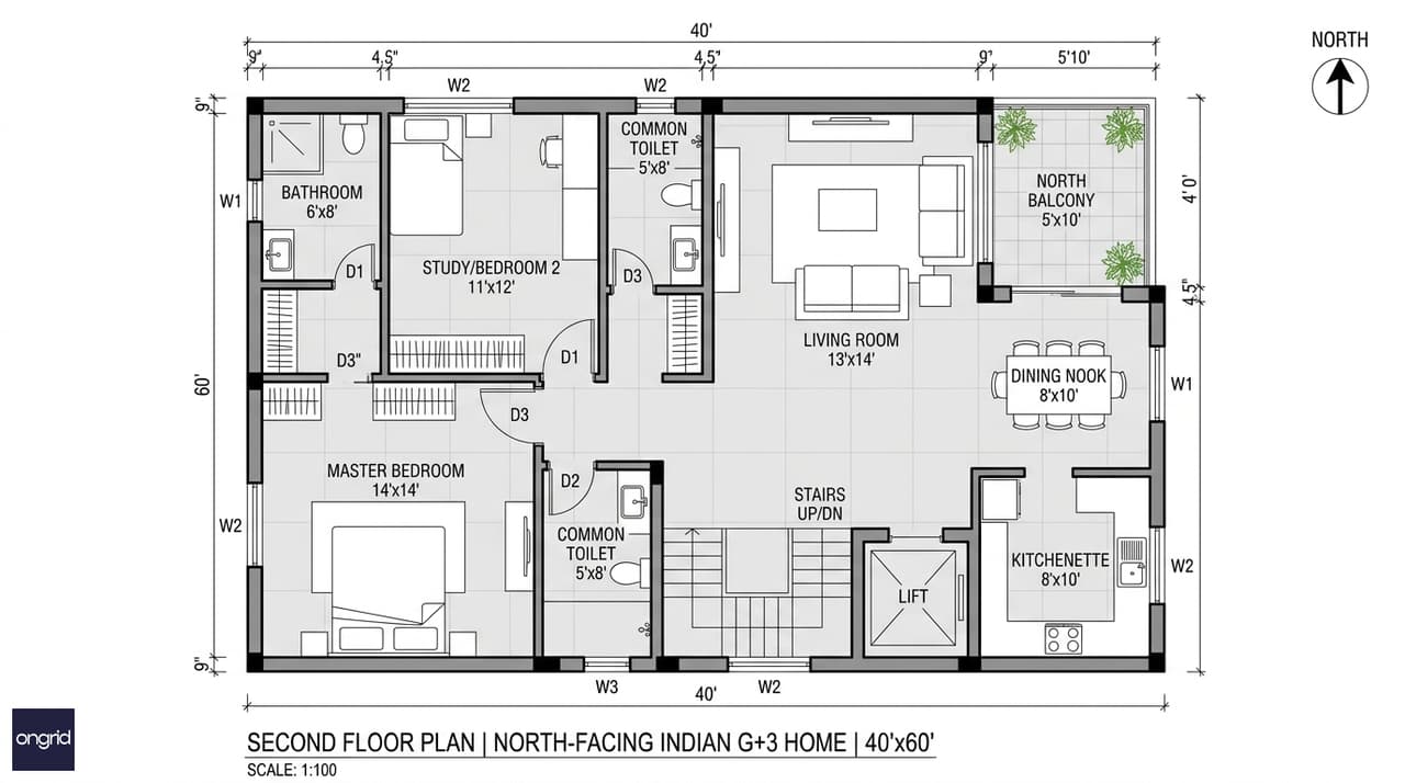 Second floor plan with 14×14 master bedroom, kitchenette, 13×14 living area, 11×12 study-bedroom, and a private north balcony
