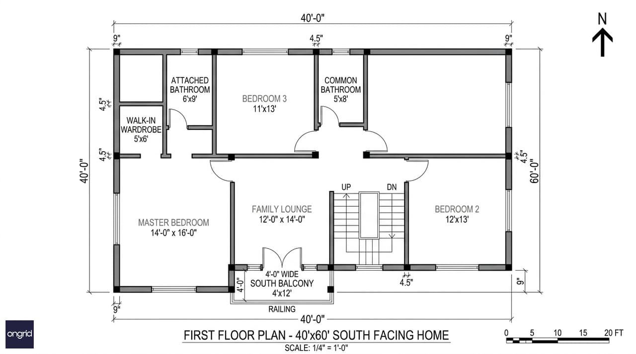40x60 south facing G+2 first floor plan showing master suite in SW, two bedrooms, family lounge, and south-facing balcony