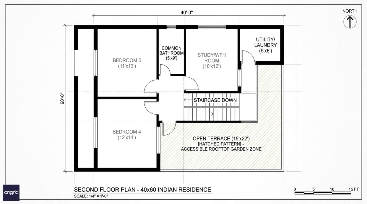 40x60 south facing G+2 second floor plan showing two bedrooms, study/WFH room, bathroom, and south-facing open terrace
