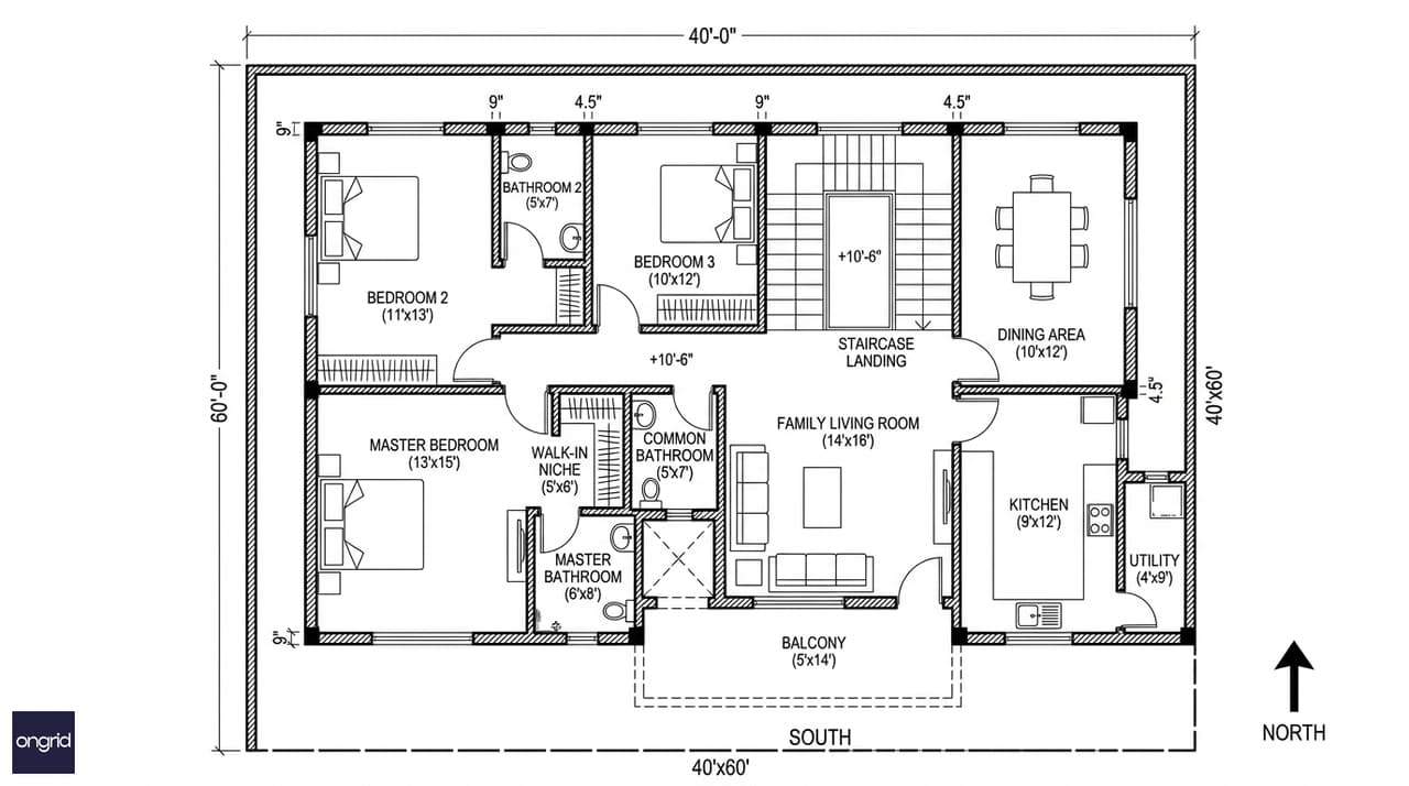 First floor plan of 40x60 south facing G+3 showing complete 3BHK with south-facing balcony and southwest master bedroom