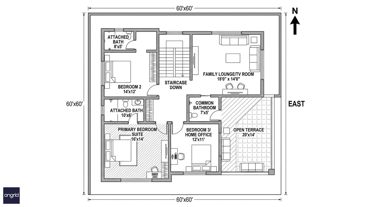 First floor architectural plan of a 60x60 east facing G+1 house showing primary bedroom, two bedrooms, family lounge and open terrace with dimensions marked