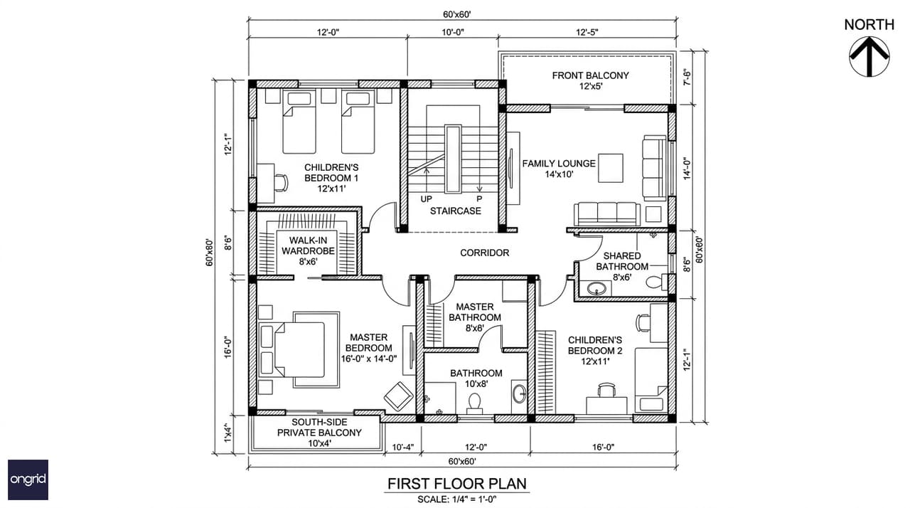 Detailed first floor plan for 60x60 north-facing G+1 showing master bedroom, children's rooms, and family lounge
