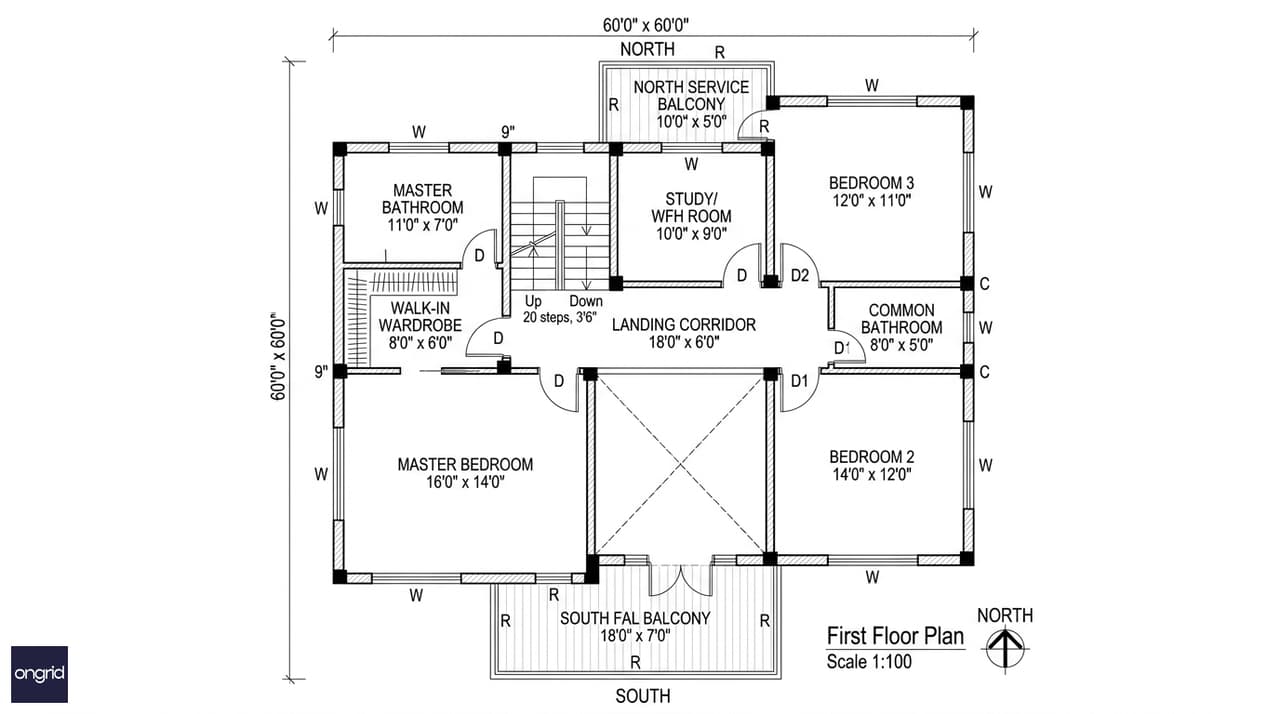 Annotated first floor plan of a 60x60 south facing duplex showing SW master bedroom suite with walk-in wardrobe, east bedroom 2, NE bedroom 3, WFH study off the landing, 18x7 south-facing balcony, and north service balcony — all rooms labeled with dimensions