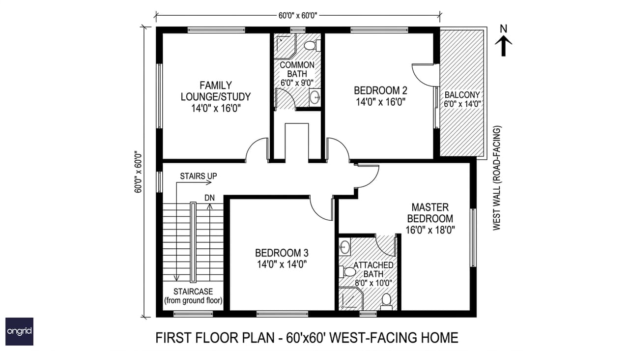 Annotated first floor plan for a 60x60 west-facing G+1 home showing three bedrooms, family lounge, and the 6×14 ft west-facing balcony