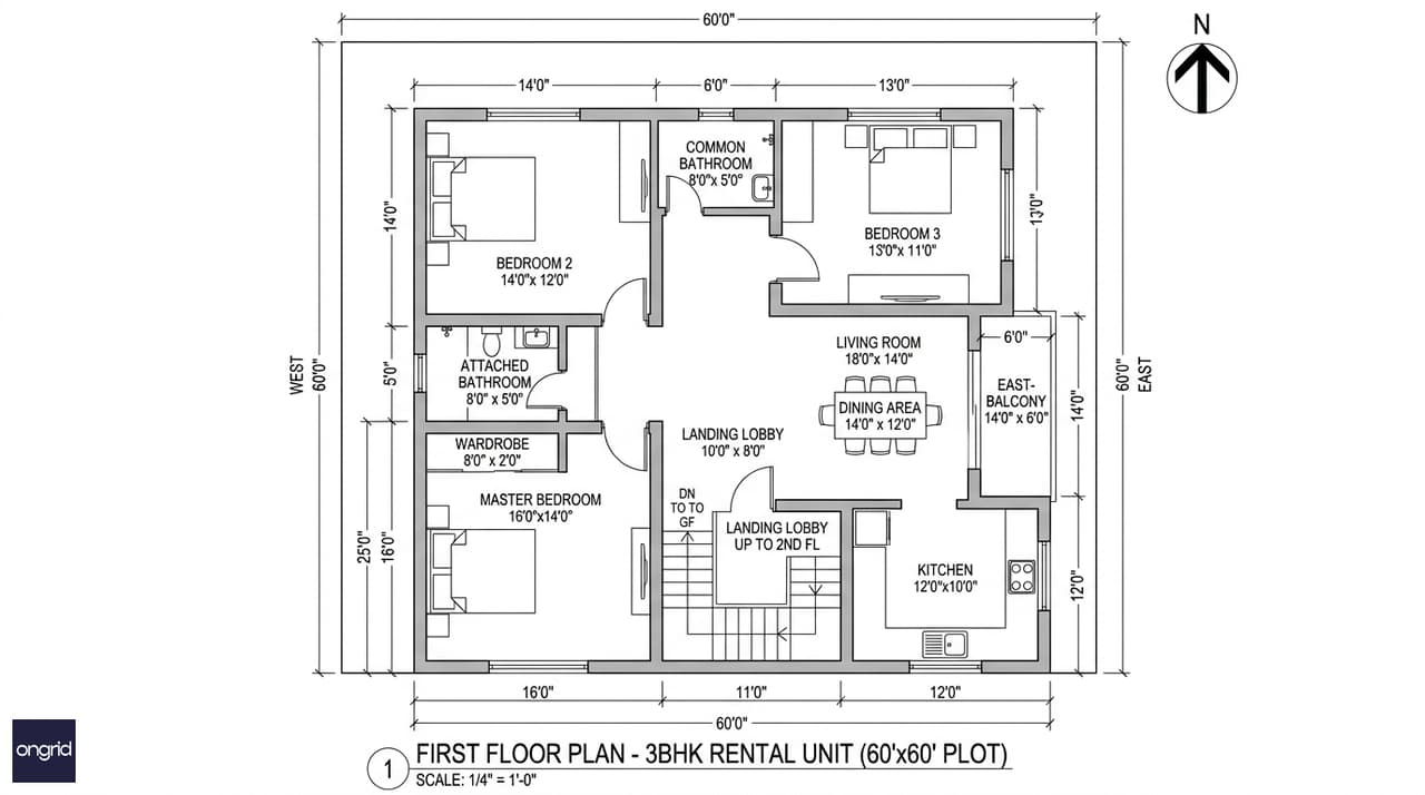 First floor plan of a 60x60 east facing house showing independent 3BHK rental unit with separate kitchen, living room, east-facing balcony, and staircase entry