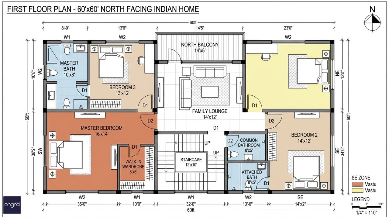 First floor plan of 60x60 north facing house — master bedroom suite, two bedrooms, family lounge, north balcony