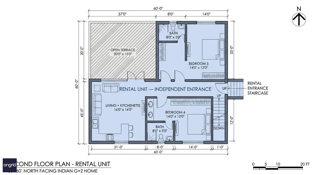 Second floor plan of 60x60 north facing house — two bedrooms, independent living and kitchenette, open terrace