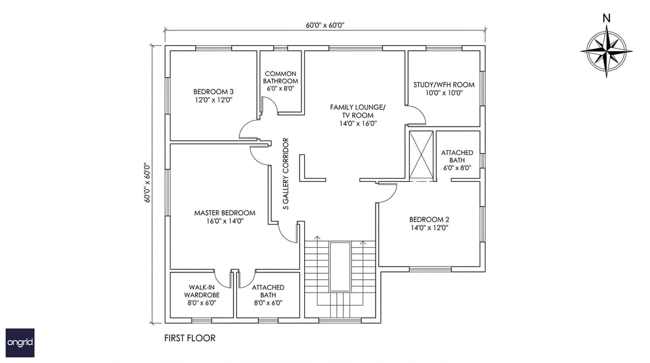 First floor architectural plan of a 60x60 south facing G+2 house showing three bedrooms, family lounge, and WFH study