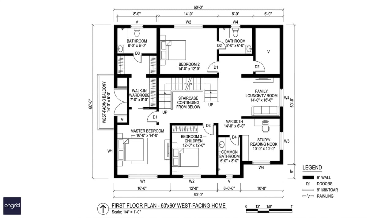 First floor plan of the 60x60 west facing home
