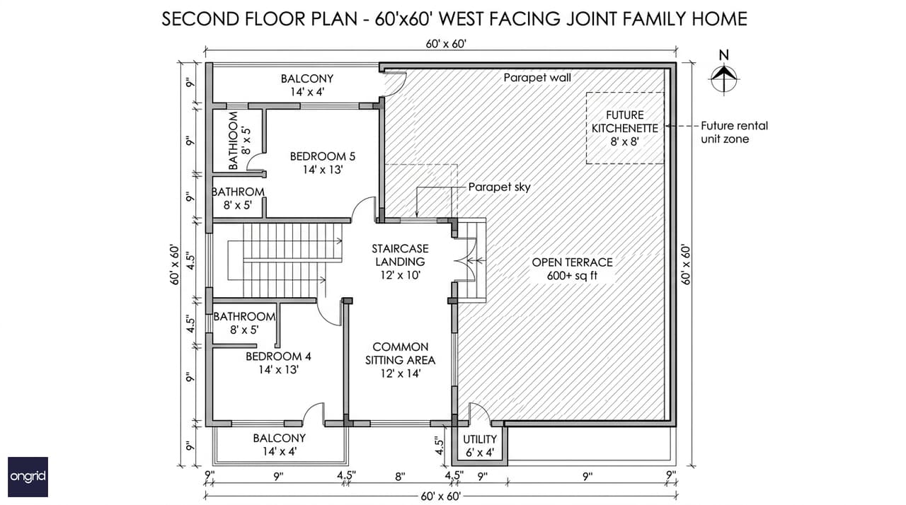 Second floor plan of the 60x60 G+2 west facing home