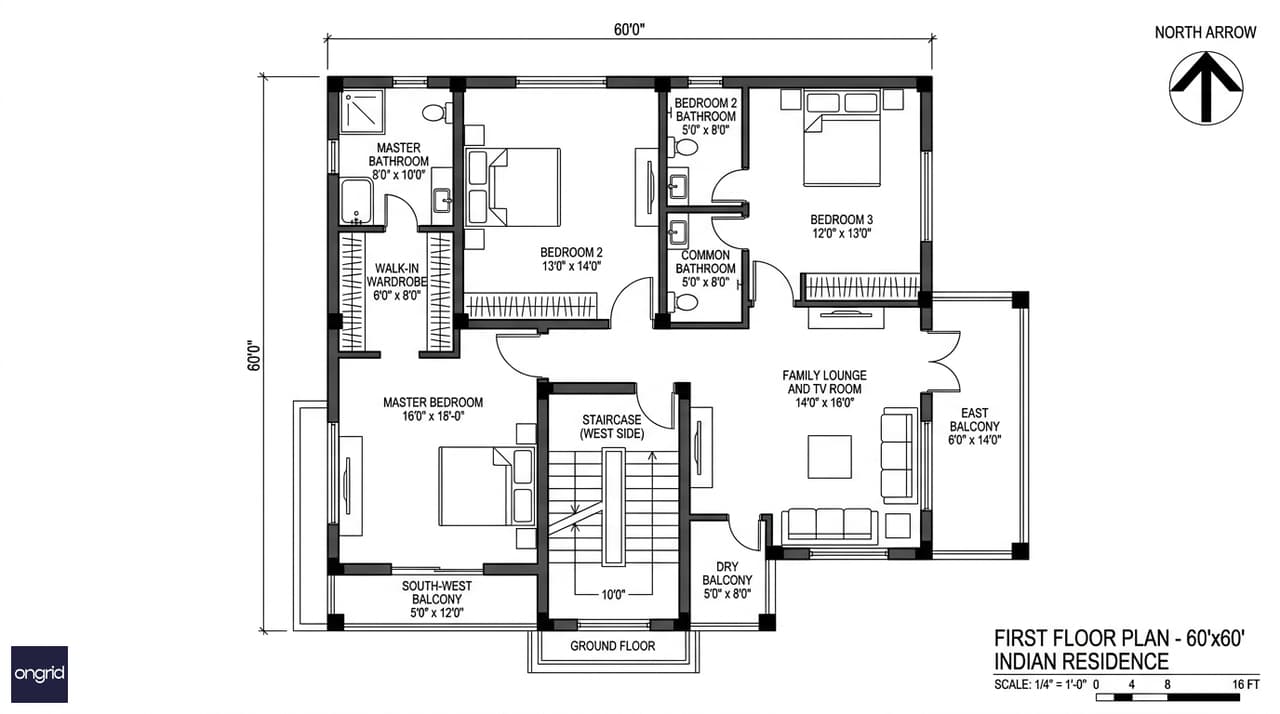 First floor plan of a 60x60 east facing 4-floor home showing master bedroom suite, family lounge with east balcony and two secondary bedrooms