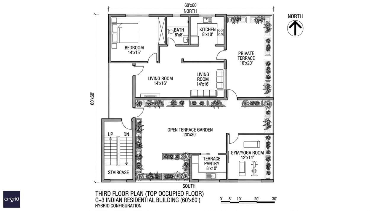 Third floor plan of a 60x60 east facing 4-floor home showing home theatre, open terrace garden, gym room and hybrid rental suite option