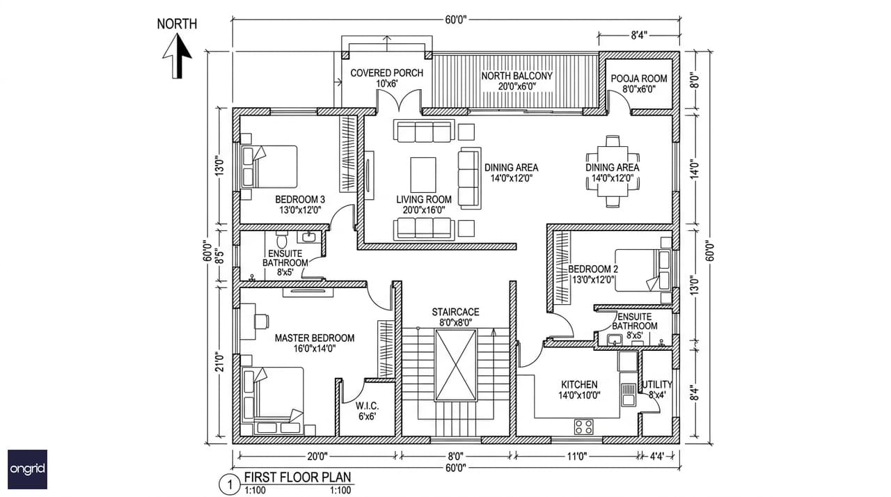 First floor plan for 60x60 north facing 4-floor house with 3BHK layout and north balcony