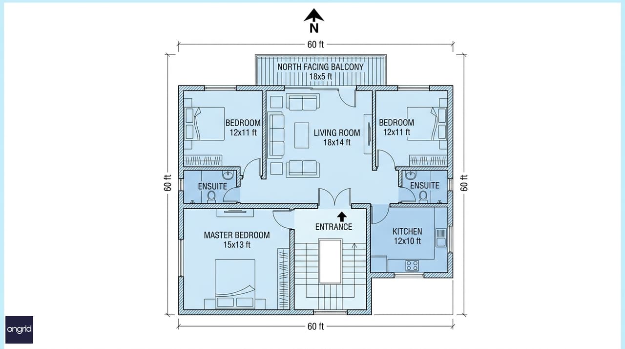 Second floor plan for 60x60 north facing G+3 house with 3BHK rental layout