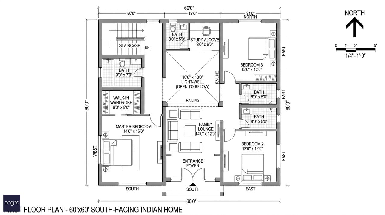 Annotated first floor plan of the 60x60 south-facing home showing master bedroom with walk-in wardrobe, two secondary bedrooms, family lounge, and light-well opening