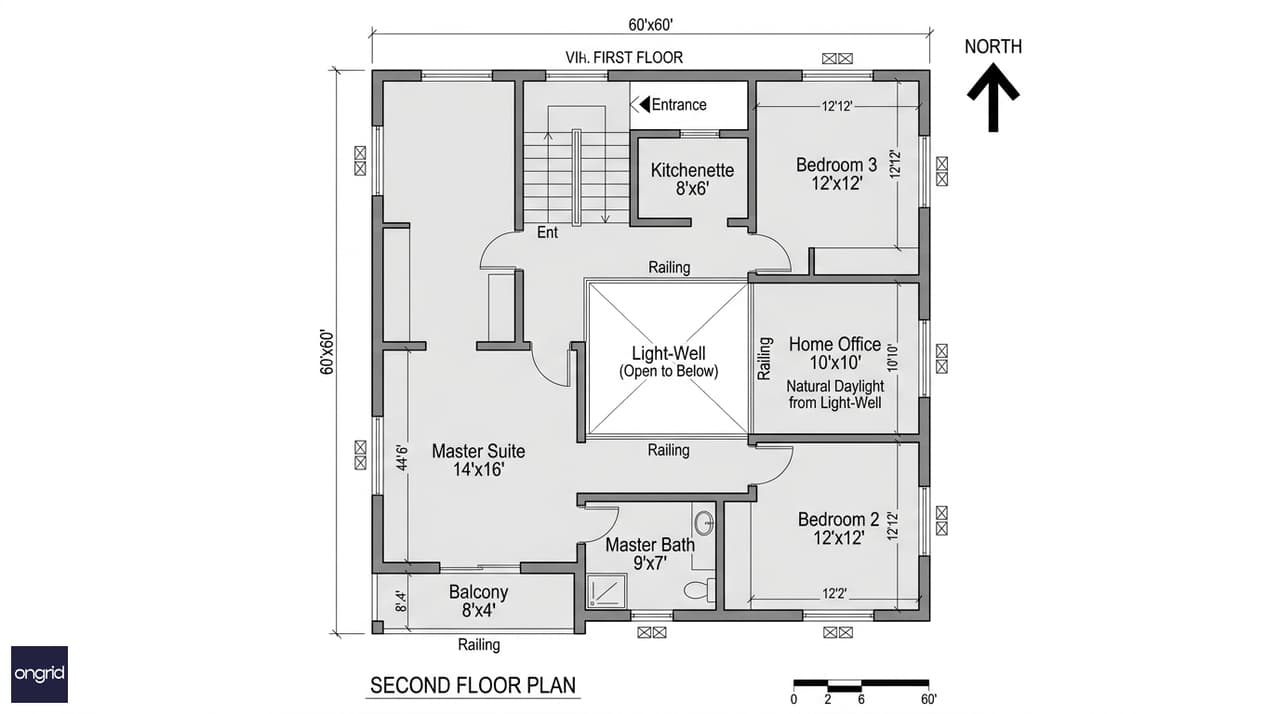 Annotated second floor plan showing master suite with south-facing balcony, two bedrooms, home office, kitchenette, and open-to-below light-well void
