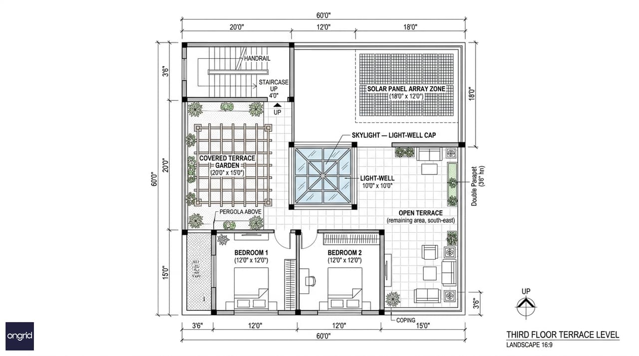Annotated third floor plan with two bedrooms, a covered terrace garden, open terrace, and south-facing solar panel zone marked on the flat roof