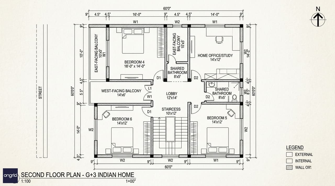 Second floor plan of the 60x60 G+3 west-facing home