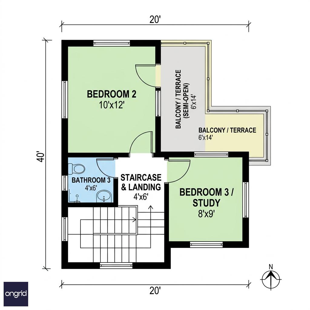 Technical floor plan of second floor showing efficient room layout and ventilation strategy