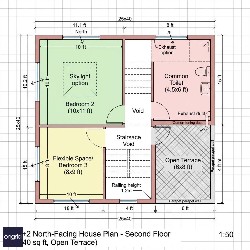Second floor plan showing bedrooms, reduced footprint of 240 sq ft, common toilet, and open terrace with parapet wall.