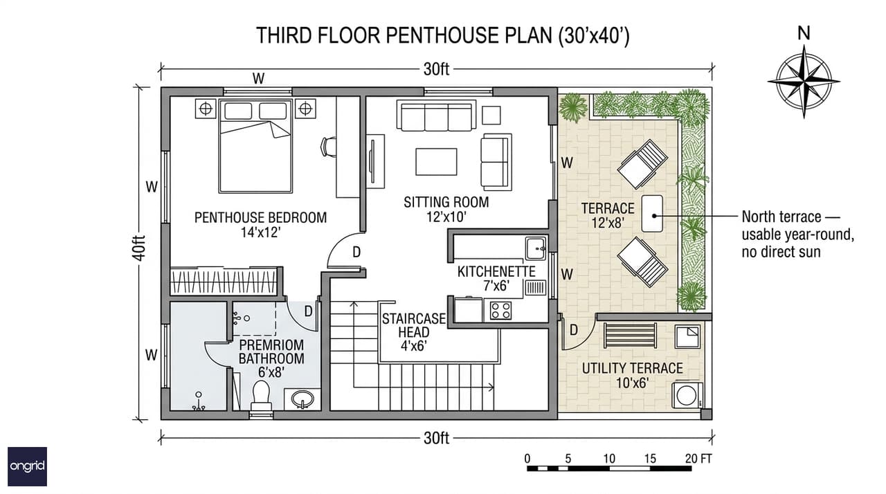 Third floor plan of 30x40 north facing 4-floor home with large penthouse master bedroom, premium attached bathroom, open north terrace with landscaping and south utility terrace