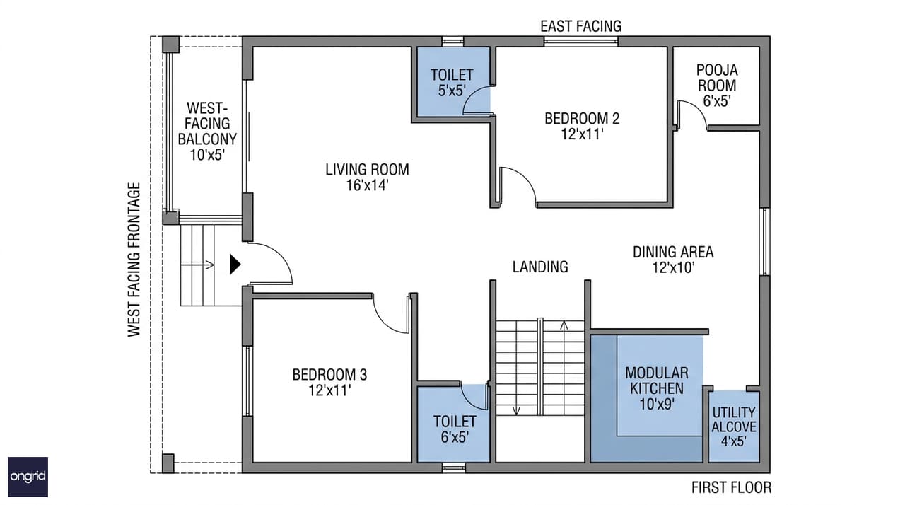 First floor plan of a 40x50 west facing house showing open living-dining, modular kitchen, pooja room and two bedrooms
