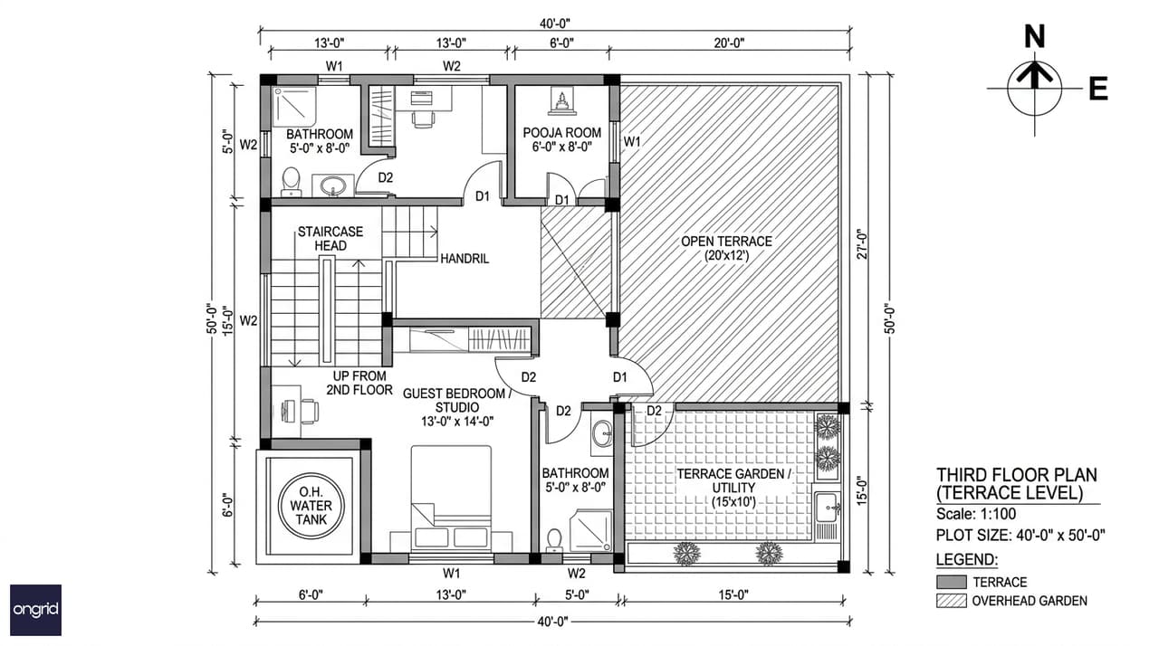 Third floor and terrace plan for 40x50 east facing home showing guest suite, northeast pooja room, and 20-foot east-facing open terrace