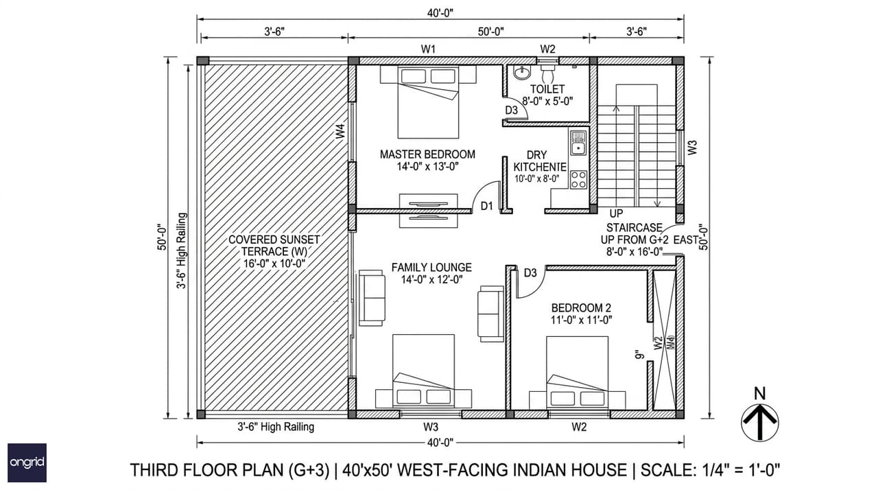 Third floor plan of 40x50 west facing G+3 house showing a 16x10 ft covered sunset terrace, two bedrooms, a family lounge, and a dry kitchen — the building's premium level