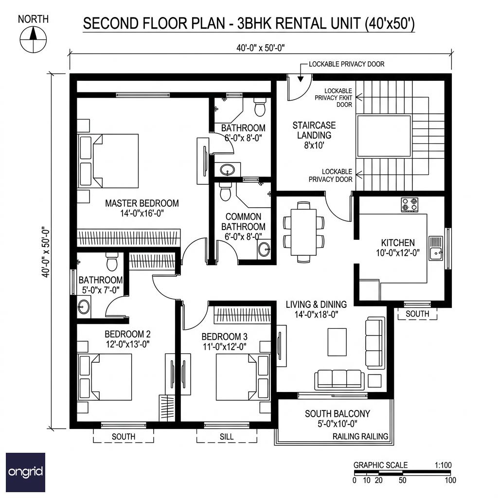 40x50 north-facing second floor plan showing independent 3BHK layout with separate kitchen, combined living-dining, south balcony and lockable staircase door