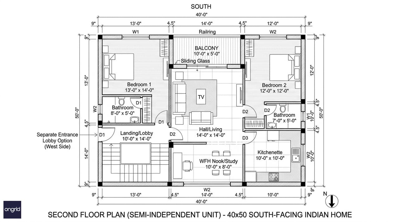 Second floor plan showing semi-independent 2BHK layout with hall-kitchen, two attached bedrooms, and study nook