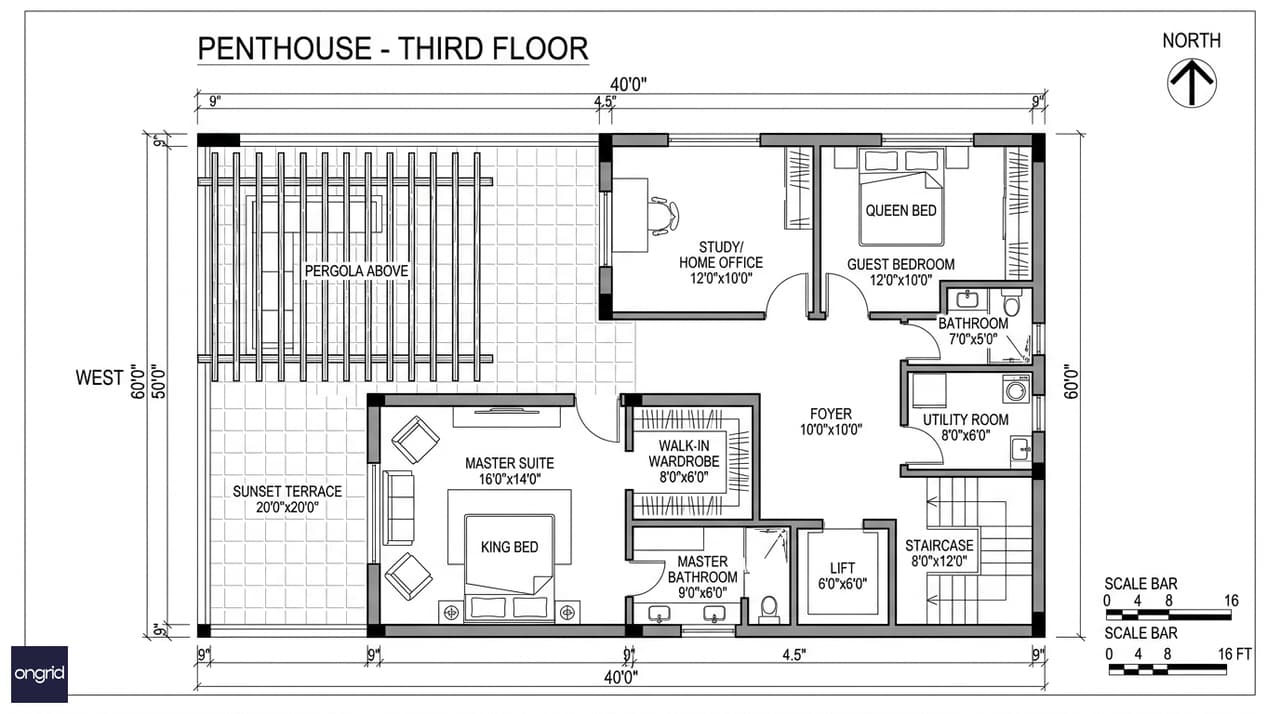 Third floor penthouse plan for a 40x60 west-facing G+3 home with master suite, study, and 20x20 ft sunset terrace garden