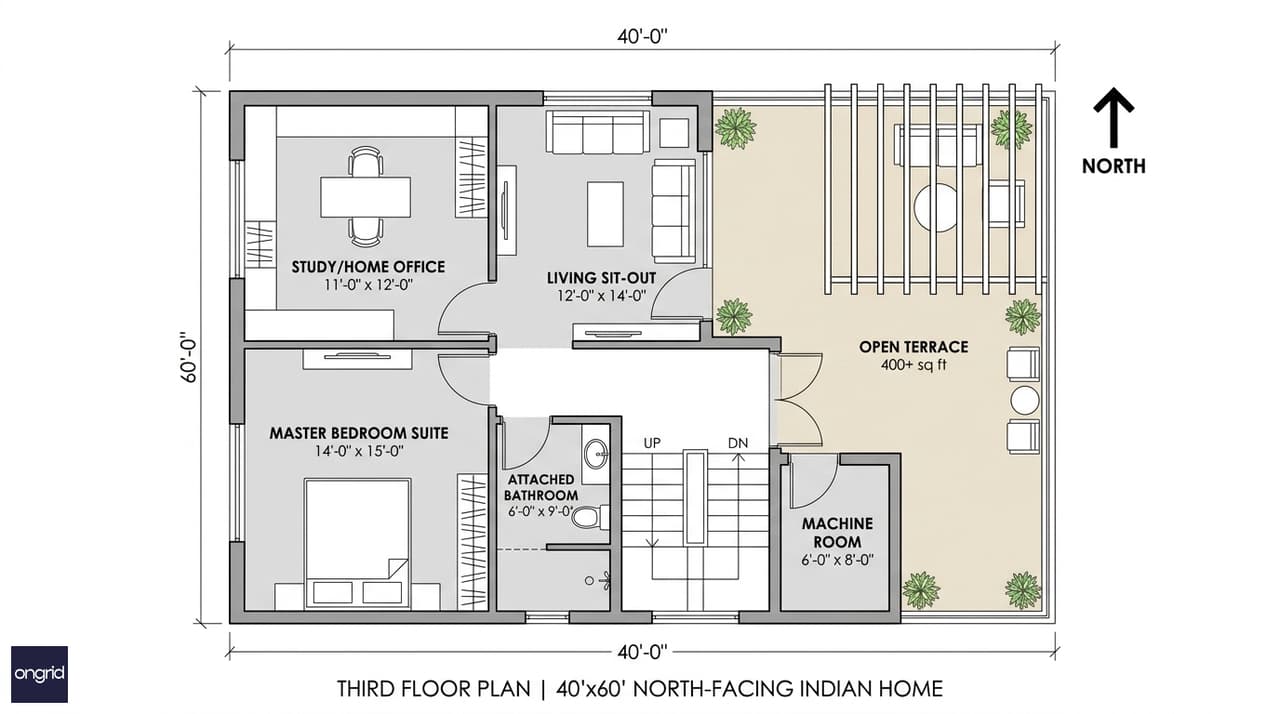 Third floor plan with 14×15 master suite, 11×12 north-facing study, open sit-out, generous terrace, and machine room for overhead tank and services