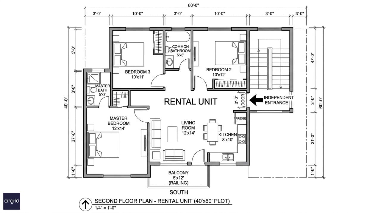 Second floor plan of 40x60 south facing G+3 showing independent 3BHK rental unit with separate staircase entrance