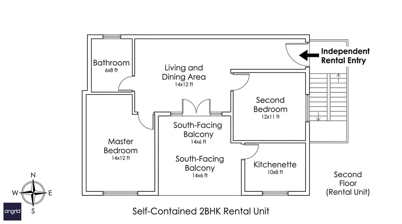 Second floor architectural plan of a 60x60 south facing G+2 showing self-contained 2BHK rental unit with separate access and south balcony