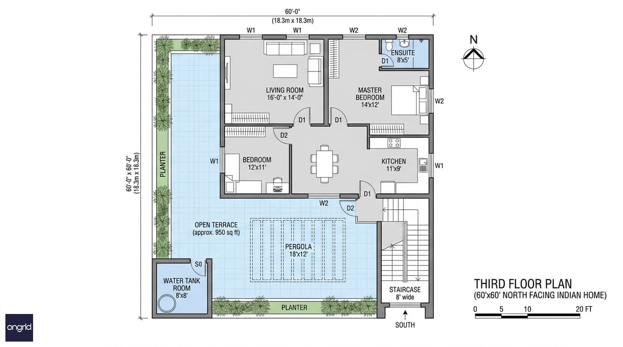 Third floor plan for 60x60 north facing 4-floor home with 2BHK sky suite and 900 sq ft terrace garden